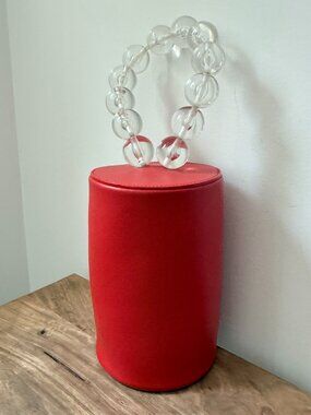 BUILDING BLOCK Red Smooth Leather Cylinder Bag Clear Acrylic Bead Wristlet